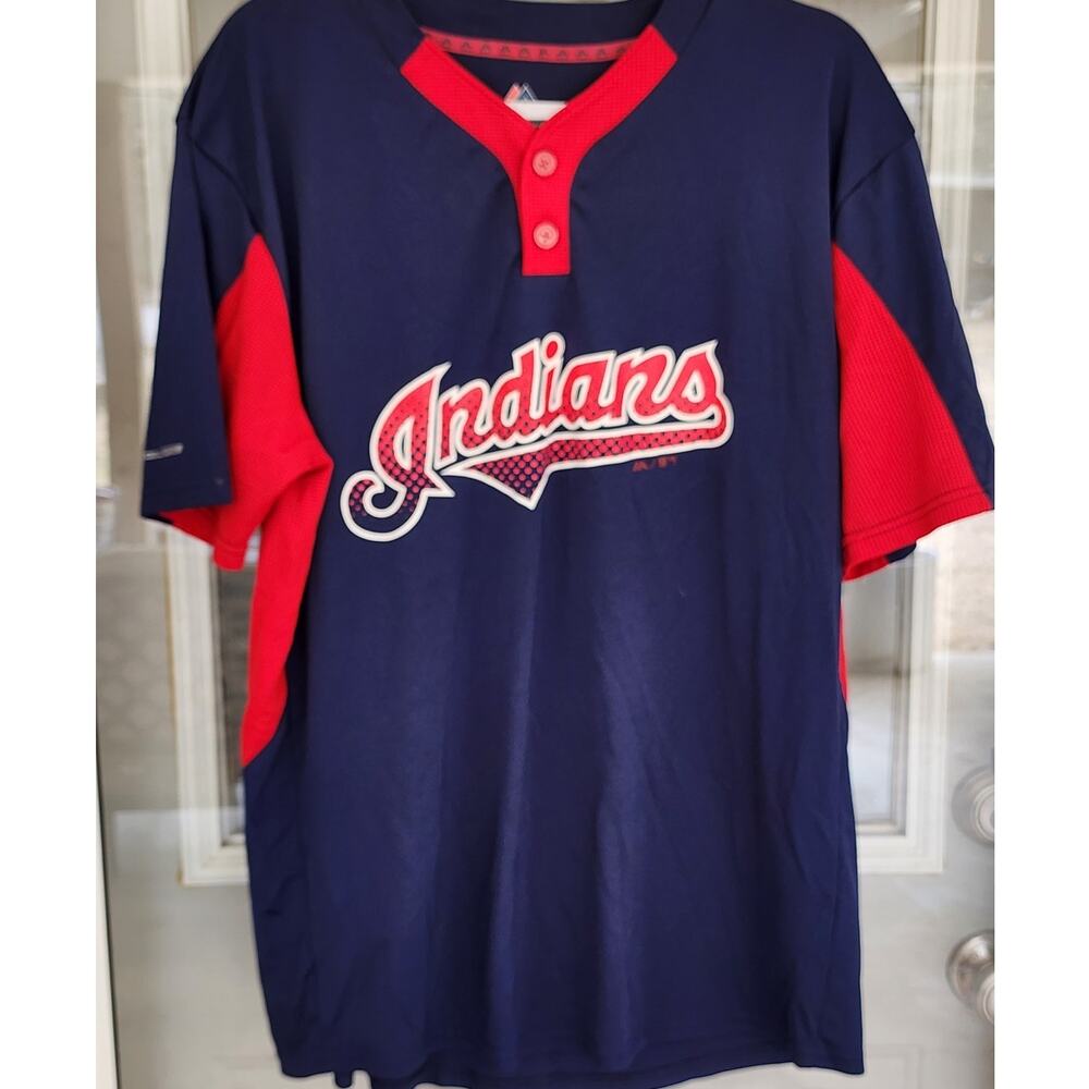 Cleveland Indians Majestic Coolbase Short Sleeve Shirt Mens L  Baseball Henley